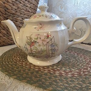 Crown Dorset 7" Teapot Floral Seaside Window Scene Staffordshire England Gilt